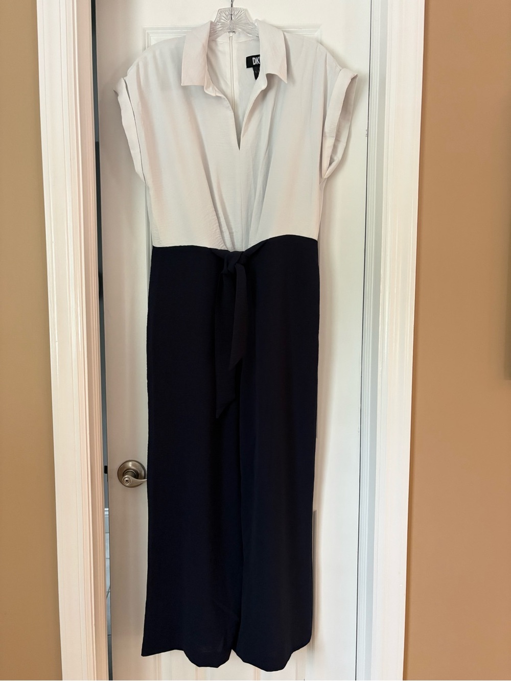 DKNY Navy and White Collared Tie-Waist Jumpsuit Size 10